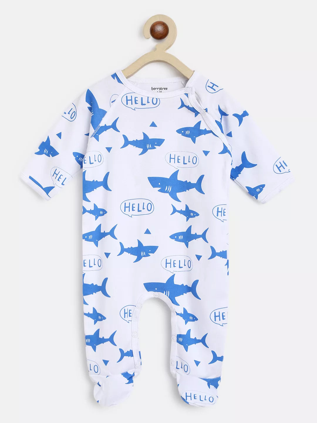 Baby onesie with shark pattern and 'HELLO' text on a white background