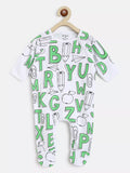 White baby romper with green letters and symbols on a white background