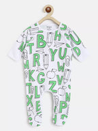 White baby romper with green letters and symbols on a white background