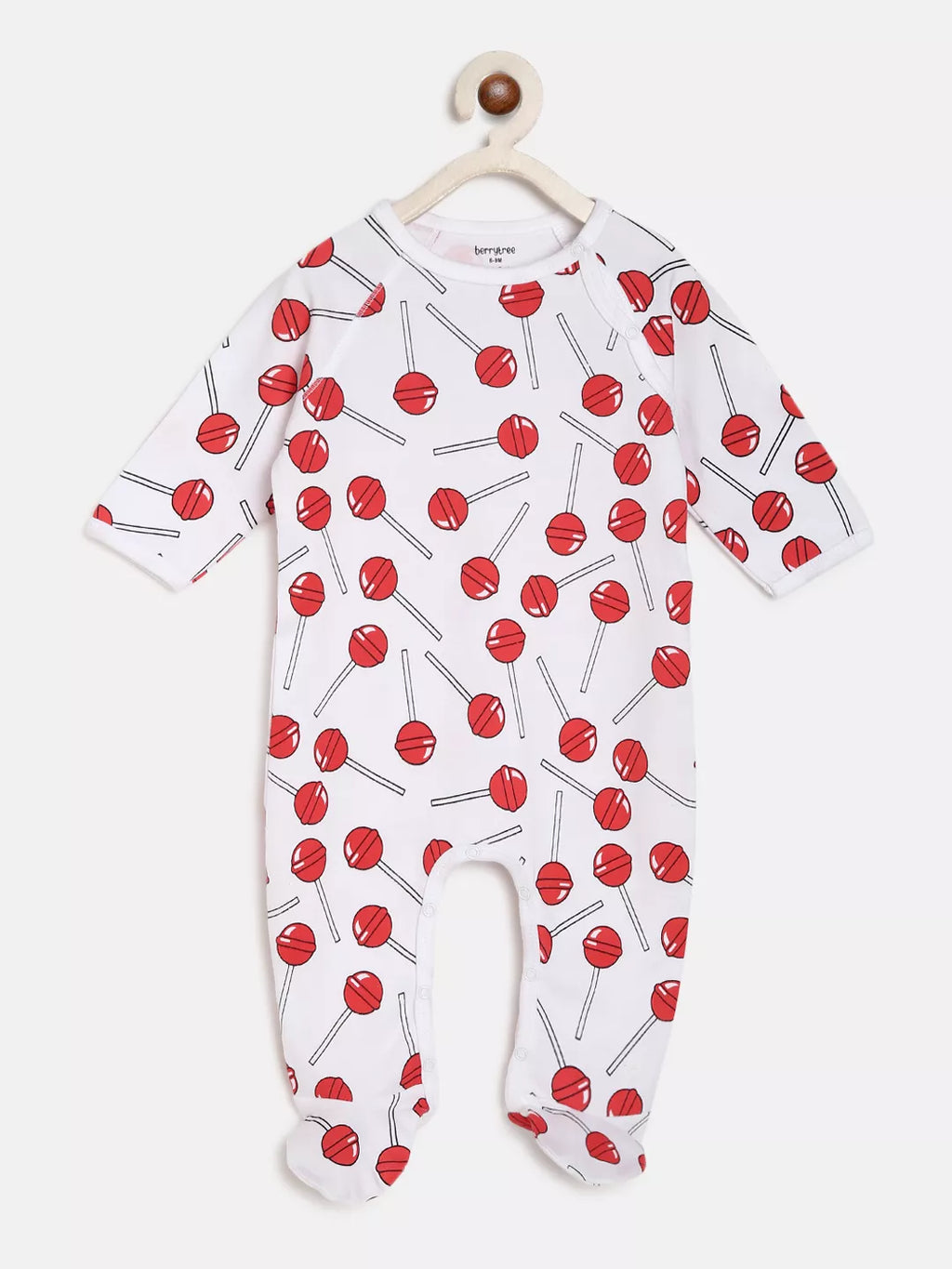 Baby onesie with red and white pattern on a white background