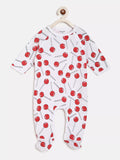 Baby onesie with red and white pattern on a white background