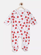Baby onesie with red and white pattern on a white background