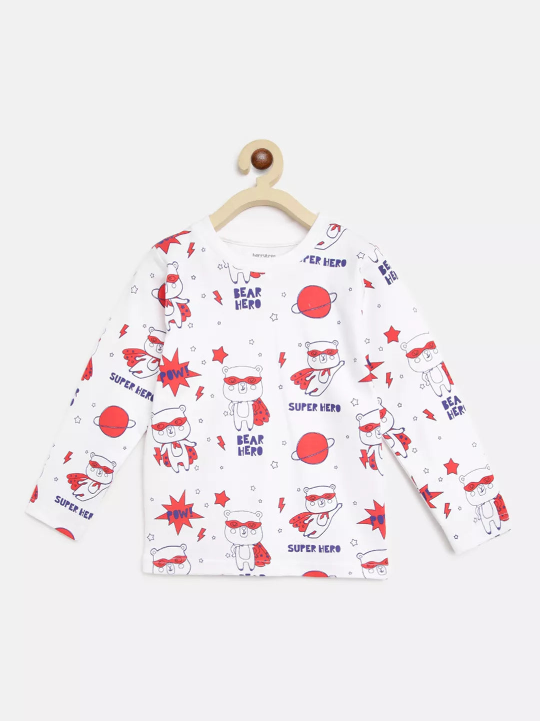 Children's long-sleeve shirt with superhero bear pattern on a white background