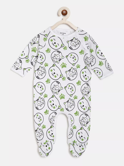 Baby onesie with cat pattern on a white background
