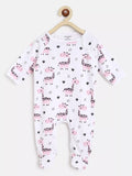 Baby onesie with pink giraffe pattern on a white background