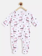 Baby onesie with pink giraffe pattern on a white background