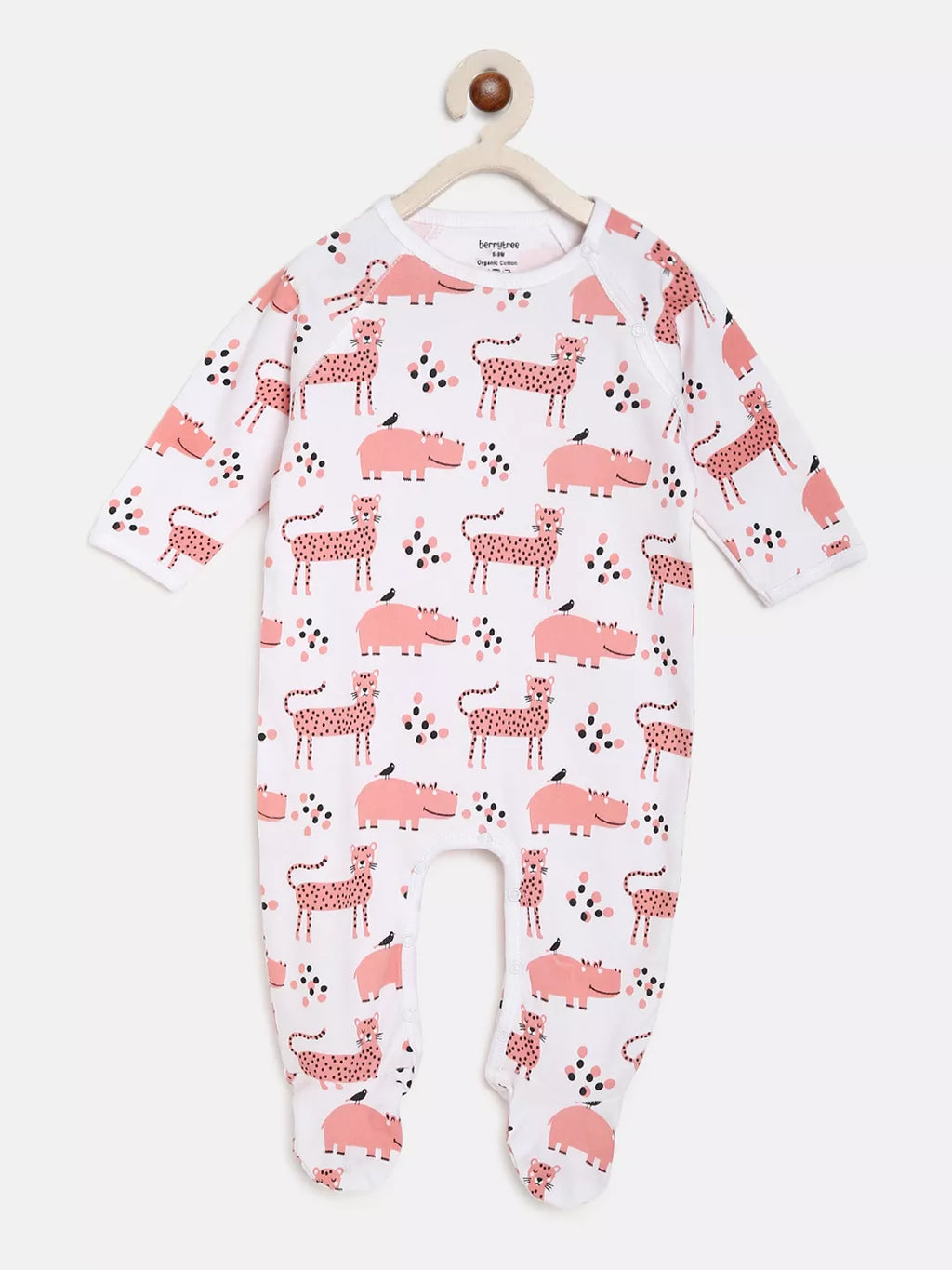 Baby onesie with pink animal pattern on a white background