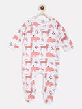 Baby onesie with pink animal pattern on a white background
