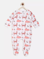 Baby onesie with pink animal pattern on a white background