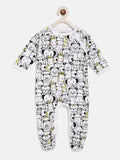 Baby onesie with cartoon animal pattern on a white background