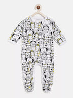 Baby onesie with cartoon animal pattern on a white background