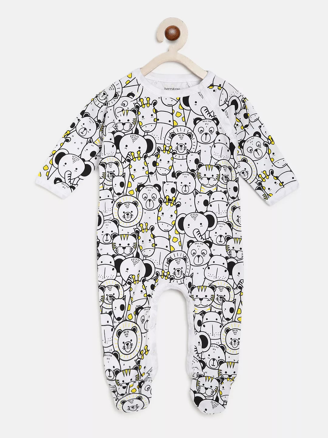Baby onesie with cartoon animal pattern on a white background