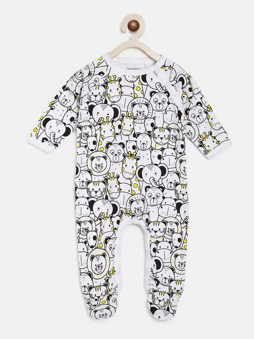 Baby onesie with cartoon animal pattern on a white background