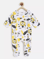 Baby onesie with lion and pineapple pattern on a white background