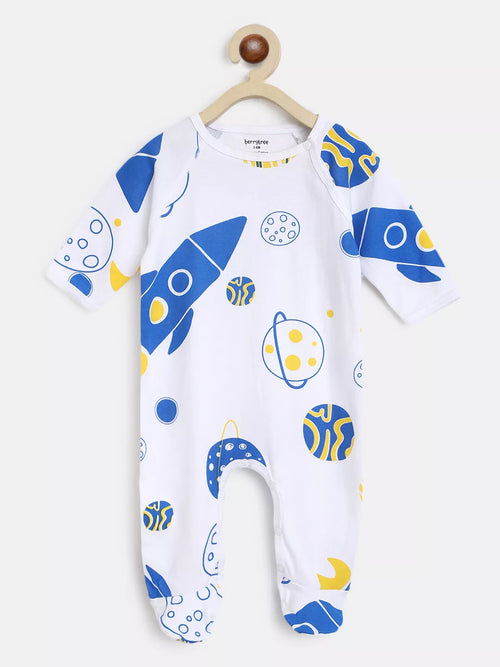 Baby onesie with space-themed design on a white background