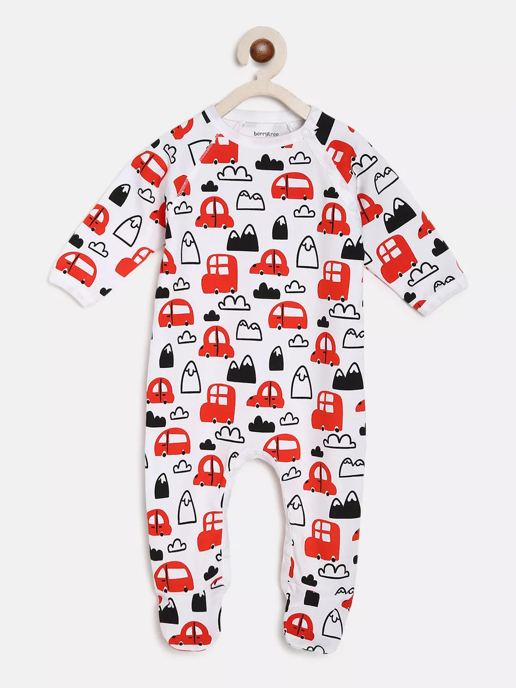 Baby onesie with red car pattern on a white background