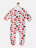 Baby onesie with red car pattern on a white background
