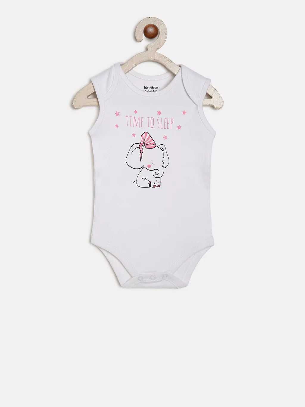 White baby bodysuit with cartoon design and text on a white background