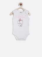 White baby bodysuit with cartoon design and text on a white background