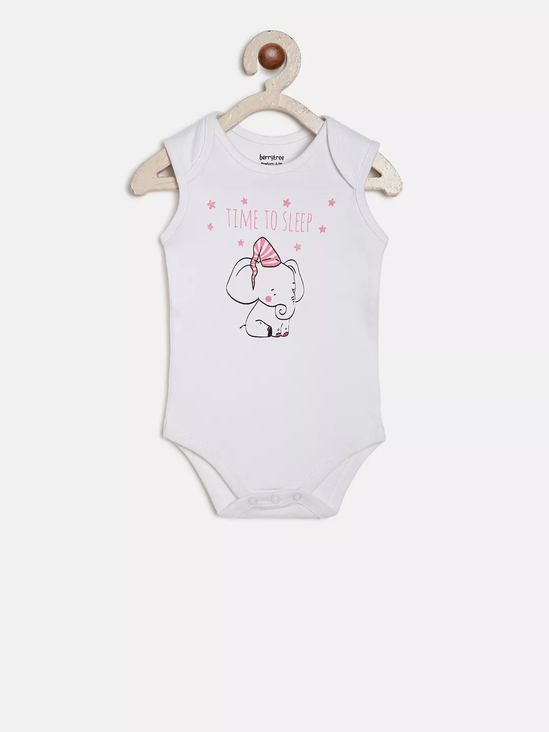 White baby bodysuit with cartoon design and text on a white background