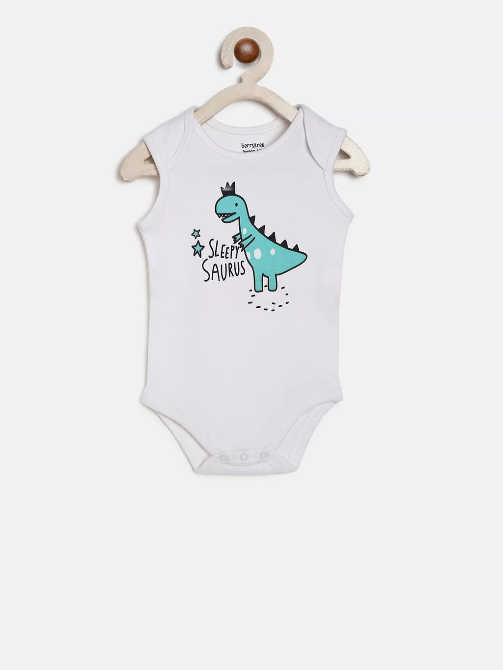 White baby bodysuit with a dinosaur design on a white background