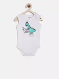 White baby bodysuit with a dinosaur design on a white background