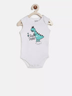 White baby bodysuit with a dinosaur design on a white background