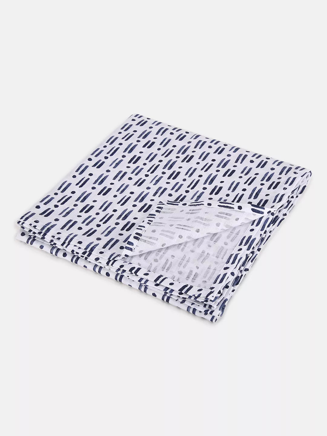 Folded fabric with a blue and white pattern on a white background