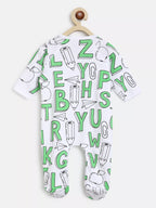 White baby romper with green letters and symbols on a white background