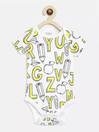 White baby onesie with yellow alphabet and pencil print on a hanger against a white background