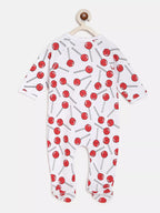 Baby onesie with red lollipop pattern on a white background