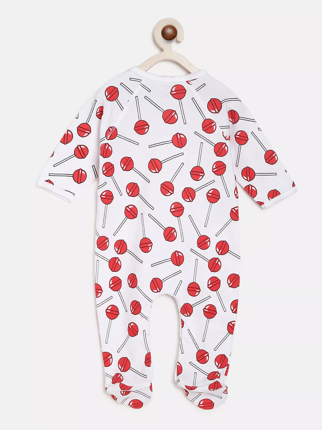Baby onesie with red lollipop pattern on a white background
