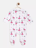Baby onesie with ballerina and heart pattern on a white background