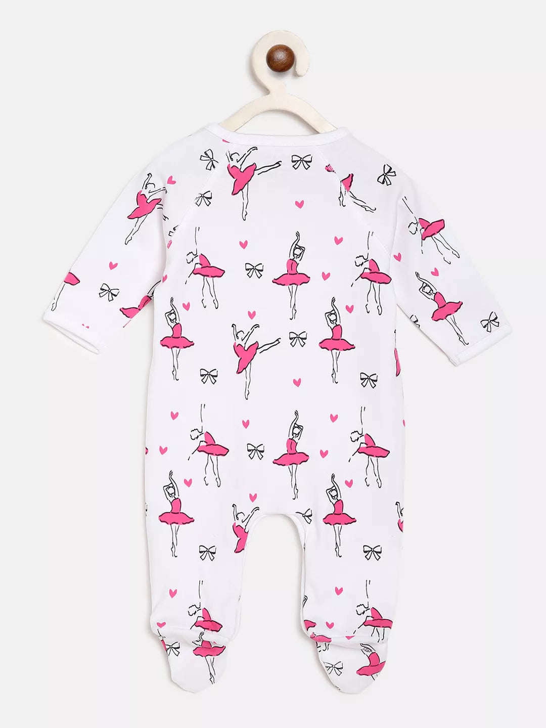 Baby onesie with ballerina and heart pattern on a white background