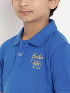 Blue polo shirt with 'Brother Bear' embroidery on a plain background