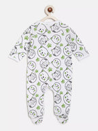 Baby onesie with cat pattern on a hanger against a white background