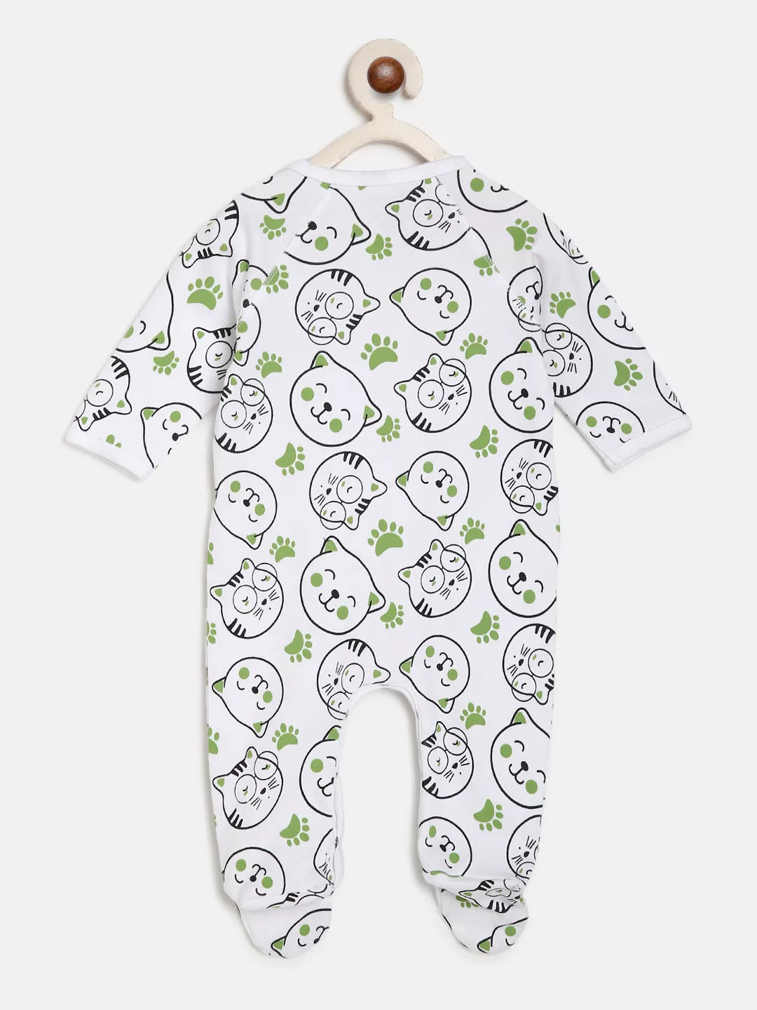 Baby onesie with cat pattern on a hanger against a white background