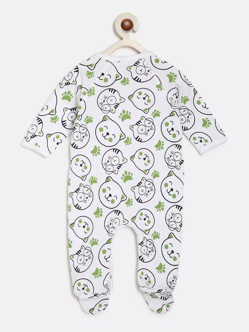 Baby onesie with cat pattern on a hanger against a white background