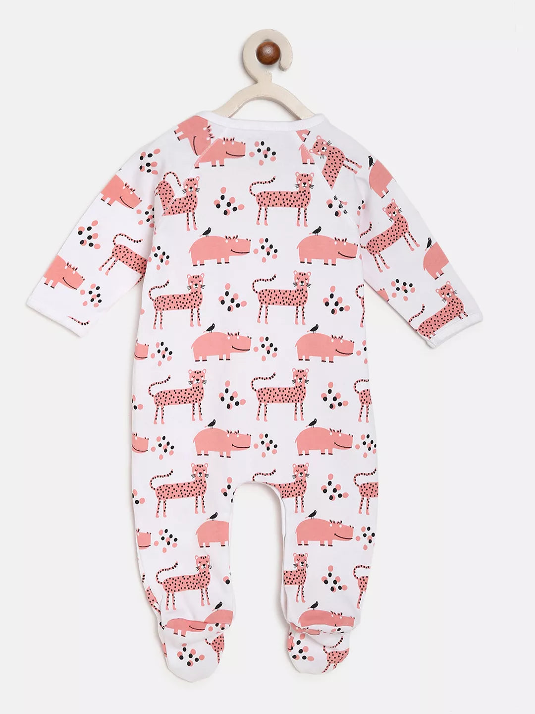 Baby onesie with pink animal pattern on a white background