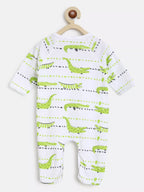 Baby onesie with alligator pattern on a hanger against a white background