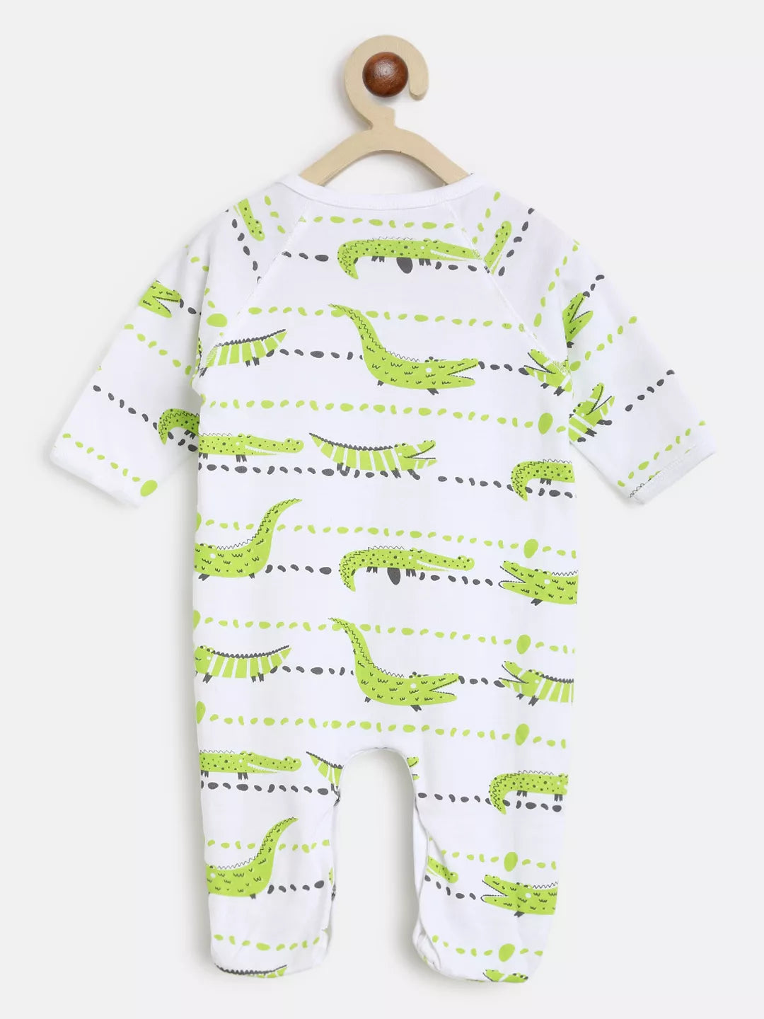 Baby onesie with alligator pattern on a hanger against a white background