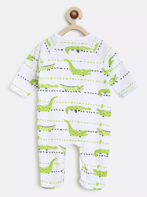 Baby onesie with alligator pattern on a hanger against a white background