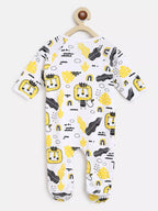 Baby onesie with lion and plant pattern on a white background