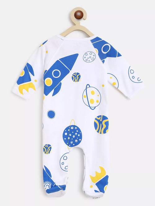 Baby onesie with space-themed design on a hanger against a white background