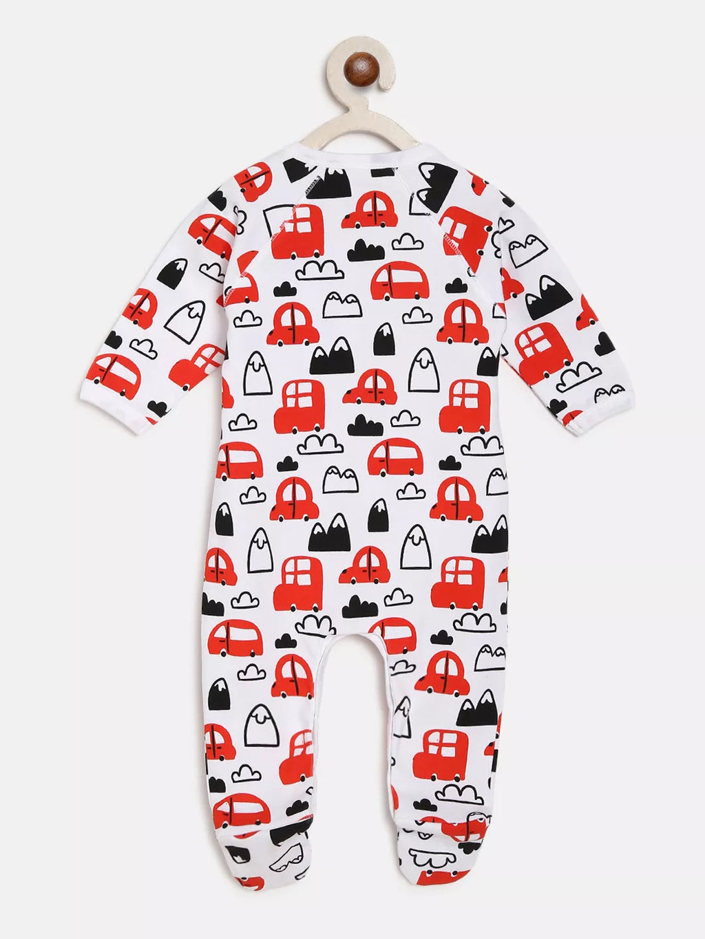 Baby onesie with red car pattern on a white background