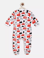 Baby onesie with red car pattern on a white background