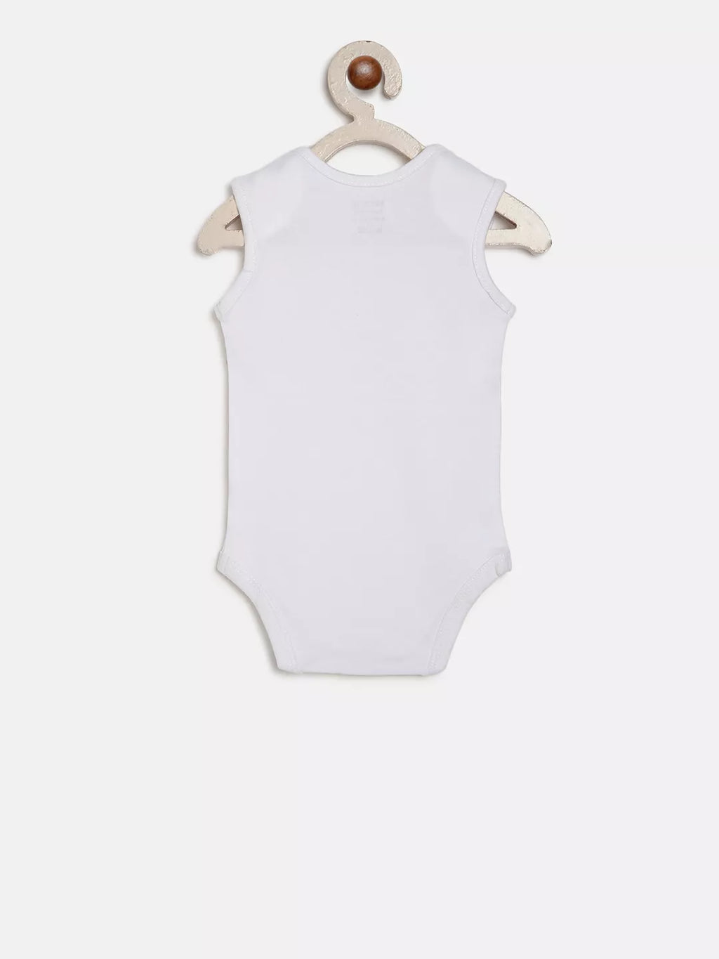 White sleeveless bodysuit on a hanger against a white background