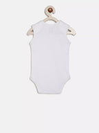 White sleeveless bodysuit on a hanger against a white background