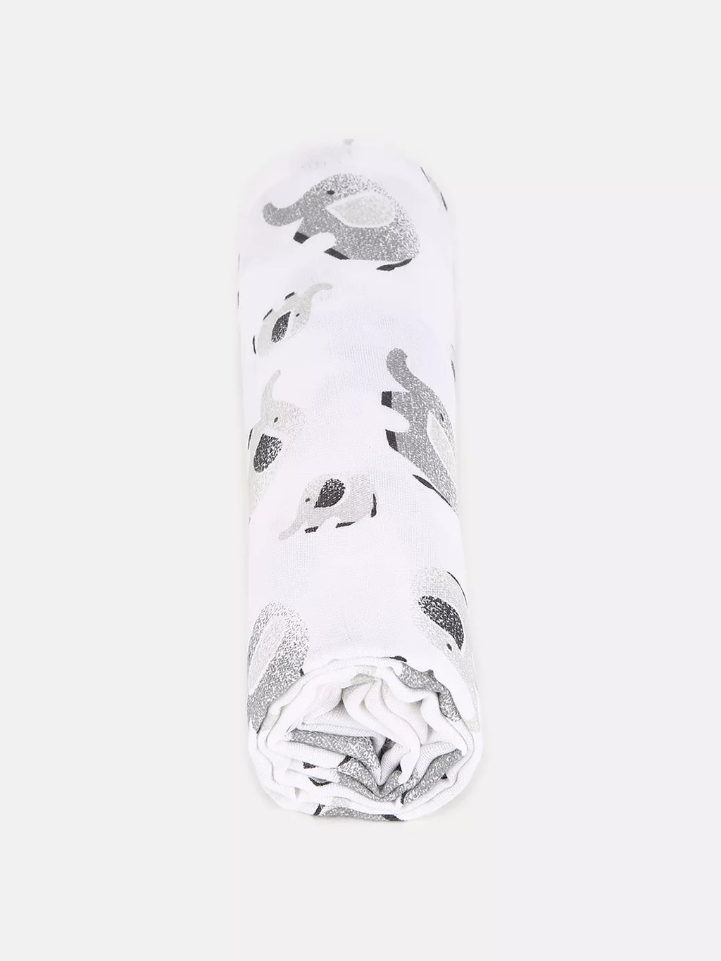White baby swaddle with gray elephant pattern on a white background