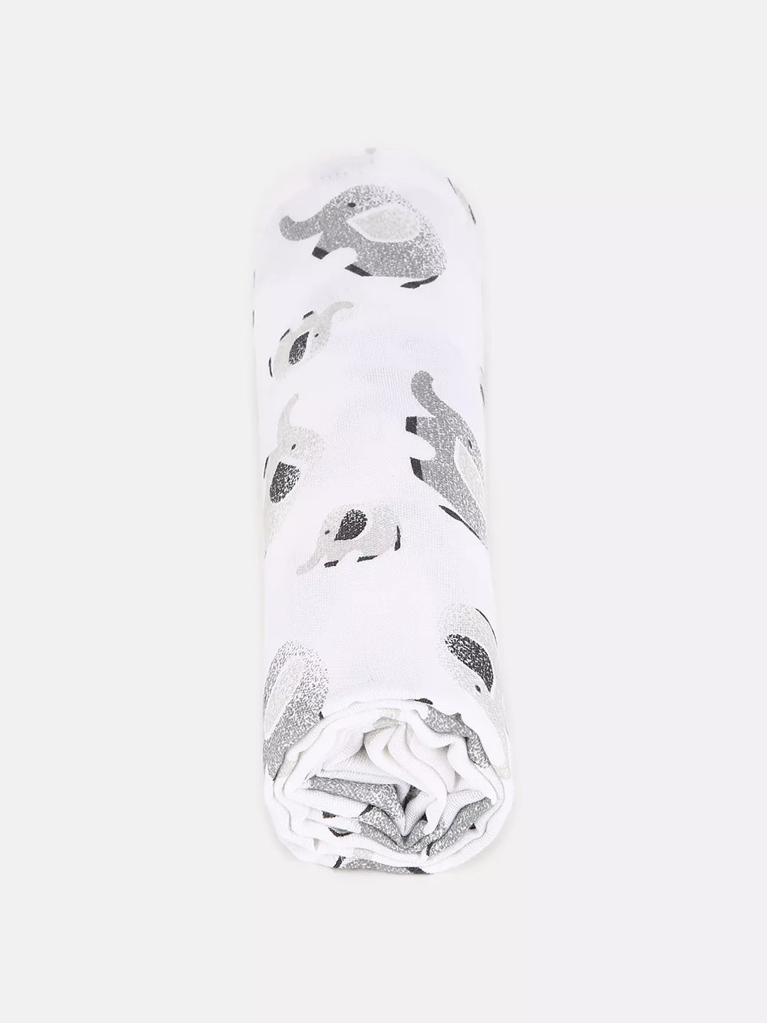 White baby swaddle with gray elephant pattern on a white background